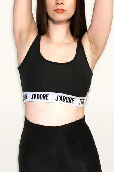 ARESMODA Kadın Siyah Yazılı Toparlayıcı Spor Crop Büstiyer