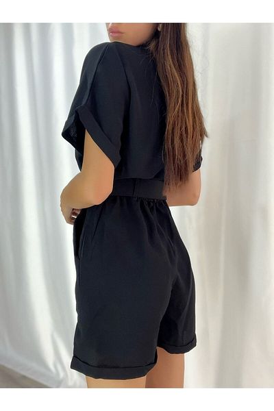 rengamoda Women's Black Woven Crepe Fabric Belted Shorts Jumpsuit