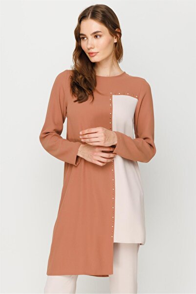Esswaap Çakma Detaylı Renk Geçişli Şık Tunik Pantolon Takım Karamel