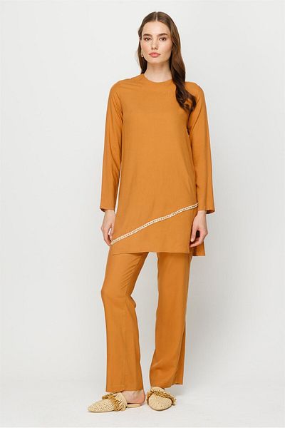 Esswaap Front Stripe Accessory Detailed Trousers Tunic Set Cinnamon