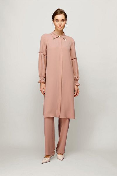 Esswaap Powder Colored Pearl Detailed Frosting Sleeve Trousers and Tunic Set