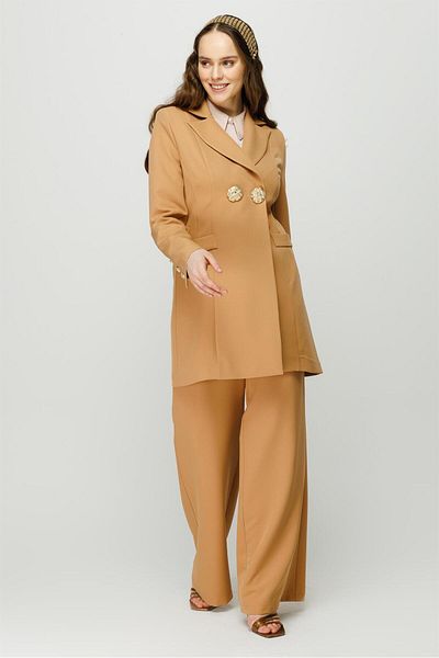 Esswaap Gold Colored Large Button Detailed Trousers Jacket Set Camel