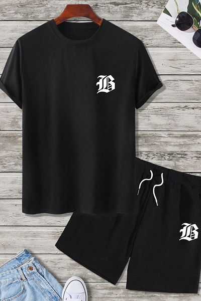 MODAGEN Men's Black B Printed T-Shirt Sort Set