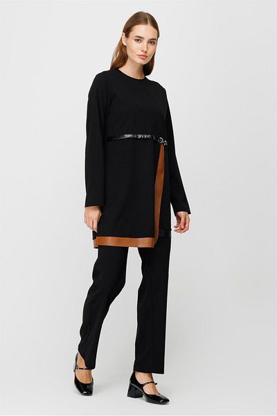 Esswaap Leather Detailed Trousers Tunic Set Black