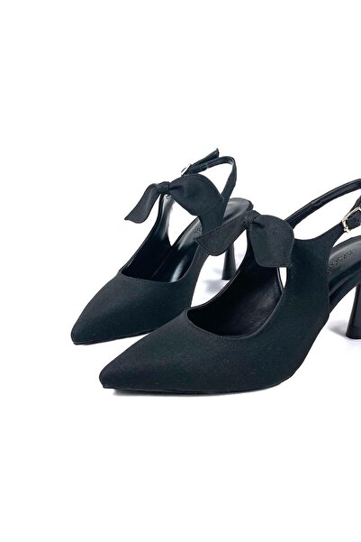 bescobel Women's Black Denim Material Tanba Bow Detailed Heeled Pointed Toe Shoes 7 cm Heel 602