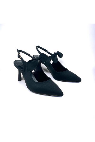 bescobel Women's Black Denim Material Tanba Bow Detailed Heeled Pointed Toe Shoes 7 cm Heel 602