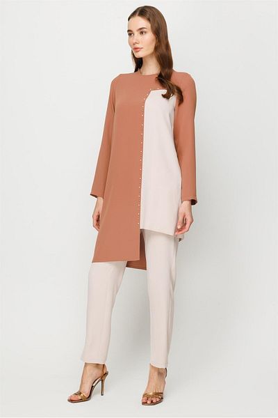 Esswaap Color Transition Stylish Tunic Trousers Set with Fastening Detail Caramel