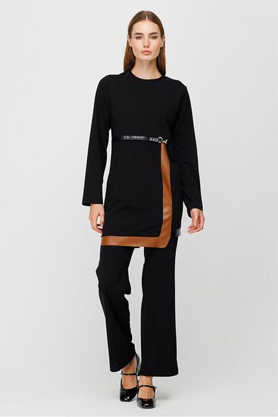 Esswaap Leather Detailed Trousers Tunic Set Black