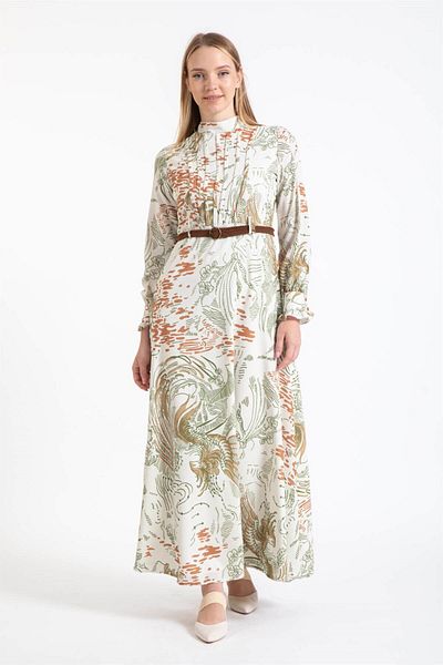 Esswaap Straw Knit Belt Detailed Patterned Printed Dress Khaki