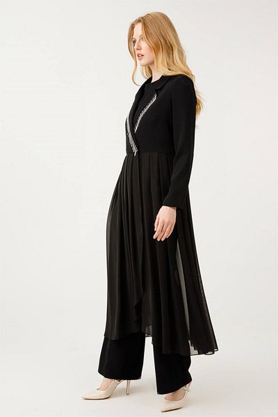 Esswaap Black Chiffon Trousers Set - Chain Accessory, Cropped Skirt