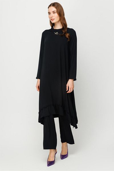 Esswaap Skirt Gather Detailed Tunic Trousers Set Black