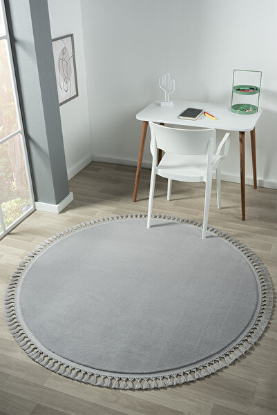 Classy Home Living Puffy Açık Gri Yuvarlak Saçaklı Peluş Yumuşacık Yıkanabili...