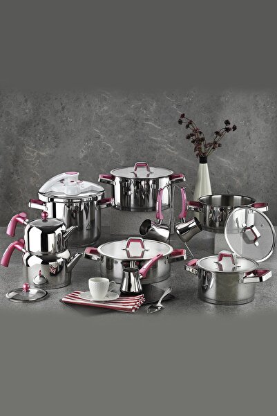 Kütahya Porselen Kütahya Silindir 18 Parça Çelik Çeyiz Pembe