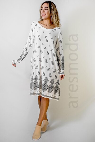ARESMODA فستان نسائي أبيض منقوش فضفاض بأكمام طويلة