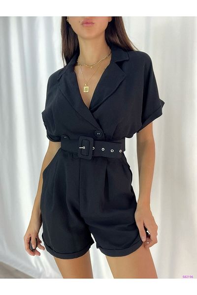 rengamoda Women's Black Woven Crepe Fabric Belted Shorts Jumpsuit