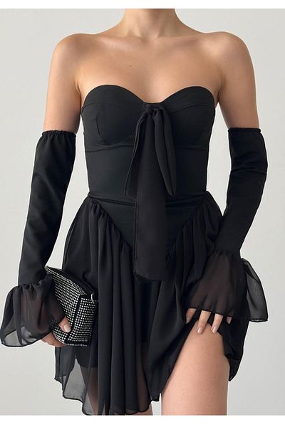 lovebox Women's Lined Chiffon Fabric Halter Detail Gloves with Accessory Black Mini Evening Dress 101