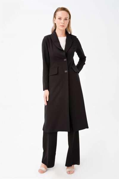 Esswaap Önden Çıt Çıt Kapamalı Uzun Ceket Pantolon Takım Siyah