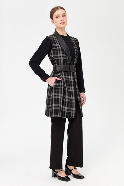 Esswaap Plaid Fabric Leather Belted Trousers Vest Tunic Set Black