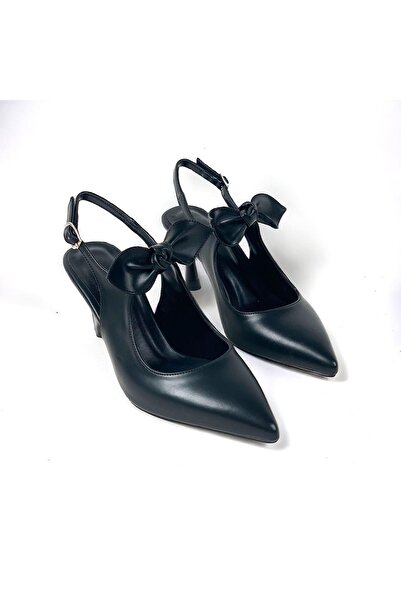 bescobel Women's Black Skin Tanba Bow Detailed Heeled Pointed Toe Shoes 7 cm Heel 602