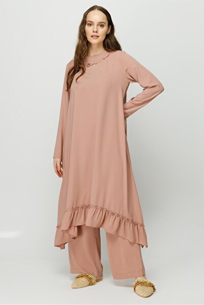Esswaap Eteği Büzgü Detaylı Tunik Pantolon Takım Pudra