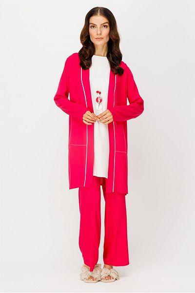 Esswaap Comfortable Fabric Jacket Trousers Tunic Necklace Suit Fuchsia