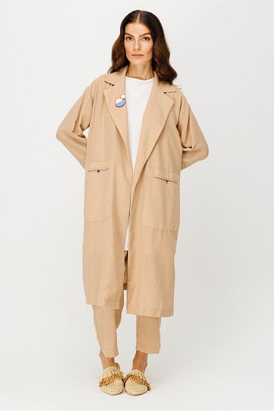 Esswaap Linen Fabric Jacket Trousers Set Camel