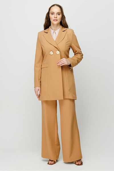 Esswaap Gold Colored Large Button Detailed Trousers Jacket Set Camel