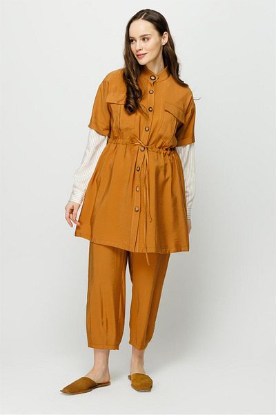 Esswaap Viscose Fabric Safari Jacket Trousers Set Tan
