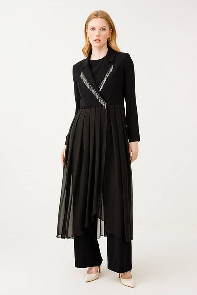 Esswaap Black Chiffon Trousers Set - Chain Accessory, Cropped Skirt