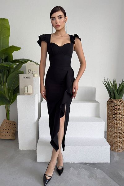 lovebox Women's Atlas Fabric Slit Design Shoulder Detailed Flounced Midi Black Evening Dress 256