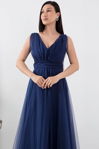 PULLIMM V-Neck Zero Sleeve Glittering Tulle Dress 13412