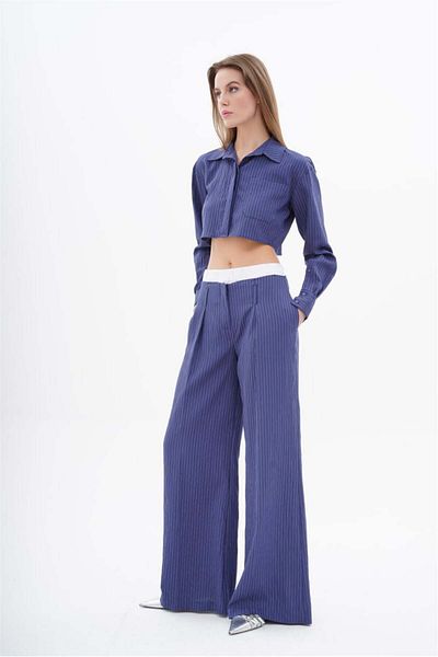 Lefon Navy Blue Women's Crop Shirt and Boxer Detailed Wide Leg Trousers Set