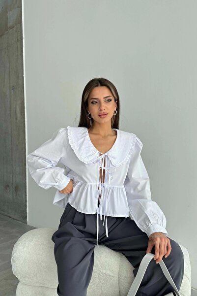 Eka Γυναικείο λευκό βρεφικό πουκάμισο με γιακά 1017-0149