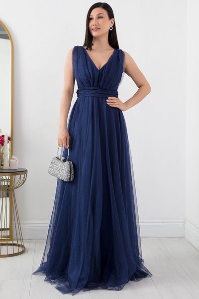 PULLIMM V-Neck Zero Sleeve Glittering Tulle Dress 13412