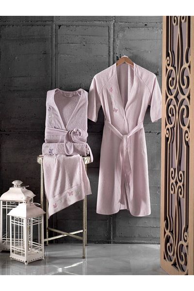 Altınbaşak Lilac Daria Butterfly Embroidered Set of 2 Cotton Bathrobes