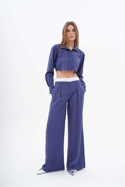 Lefon Navy Blue Women's Crop Shirt and Boxer Detailed Wide Leg Trousers Set