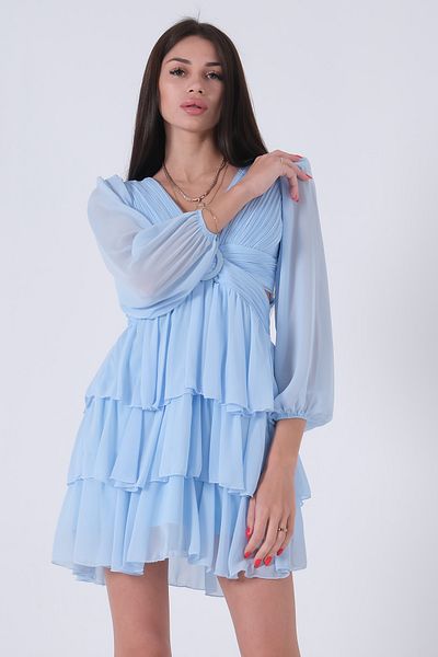 Feminist Rochie de seara mini din sifon cu volane, decolteata, albastru 9705278