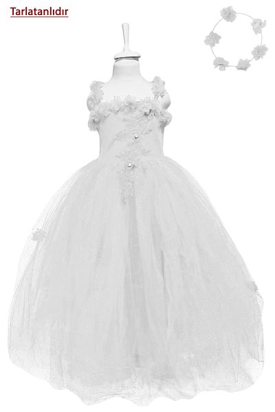 Mashotrend Floral Glitter Printed Tartalan Children's Evening Dress Tulle Fluffy + Crown - Girl's Dress
