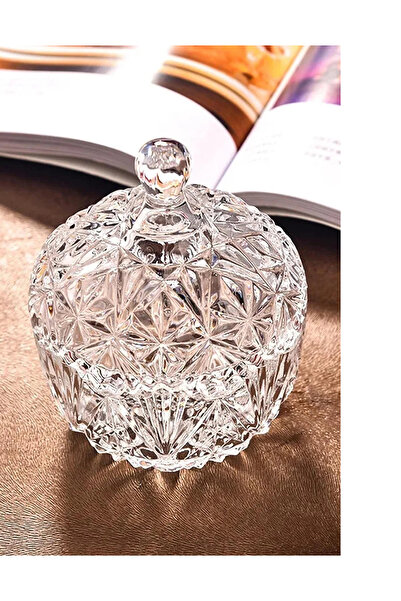 HEYBENİDOLDUR Kristal Cam Kapaklı Şekerlik Lokumluk 250ml Çap10cm