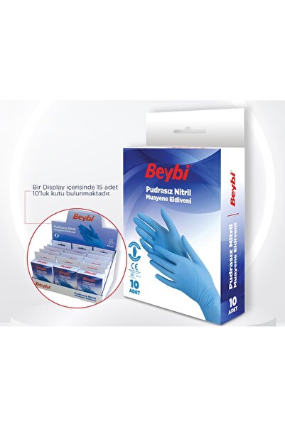 Beybi Pudrasız Mavi Nitril Muayene Eldiveni 10'luk Kutu Display 15 Kutu