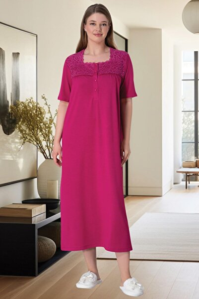 Lohussa Fuchsia Lace Plus Size Summer Nightdress - Short Sleeve, Buttoned, Cotton Combed Cotton