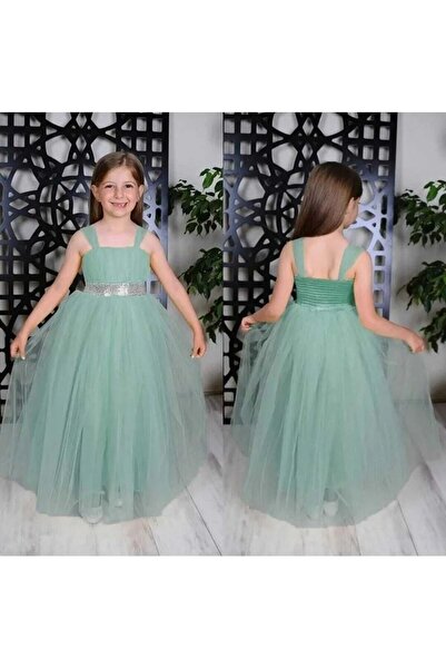 Mnk Rochie de seară din satin pentru fete din tul guiped la spate MNK0340 VERDE