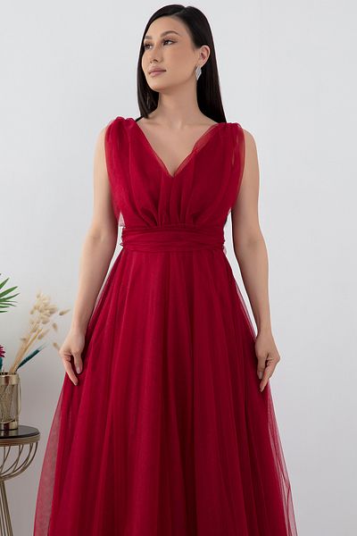 PULLIMM V-Neck Zero Sleeve Glittering Tulle Dress 13412