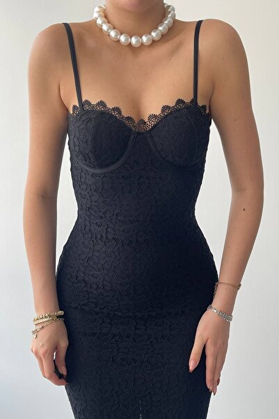 bayansepeti Δαντελένιο Λεπτομερές Μαύρο Μίντι Φόρεμα - Ρυθμιζόμενο λουράκι και σκίσιμο 257