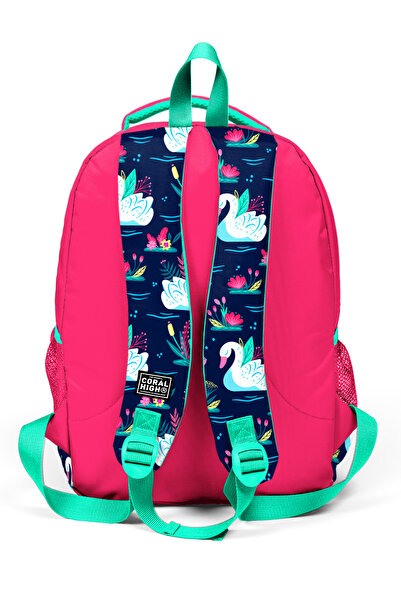 Coral High Kids Neon Mercan Lacivert Kuğu Desenli Üç Bölmeli Okul Sırt Çantası 23402