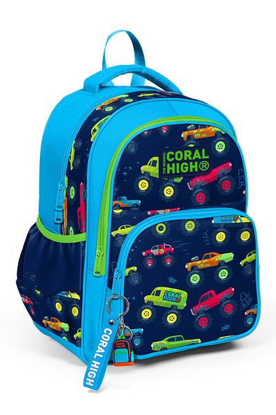 Coral High Geantă de școală cu trei compartimente cu model Monster Truck albastru 23406