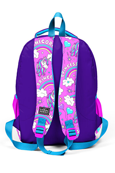 Coral High Kids Purple Light Pink Unicorn Patterned Three Compartment School Backpack 23404