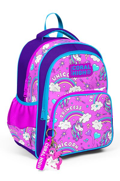 Coral High Rucsac școlar cu trei compartimente pentru copii, violet, roz deschis, cu model de unicorn 23404