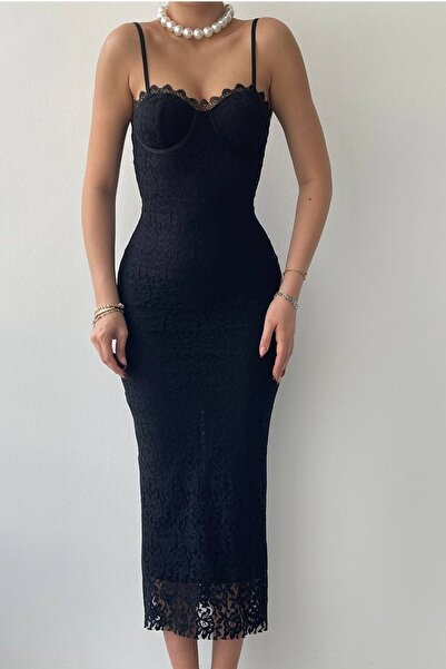 bayansepeti Δαντελένιο Λεπτομερές Μαύρο Μίντι Φόρεμα - Ρυθμιζόμενο λουράκι και σκίσιμο 257