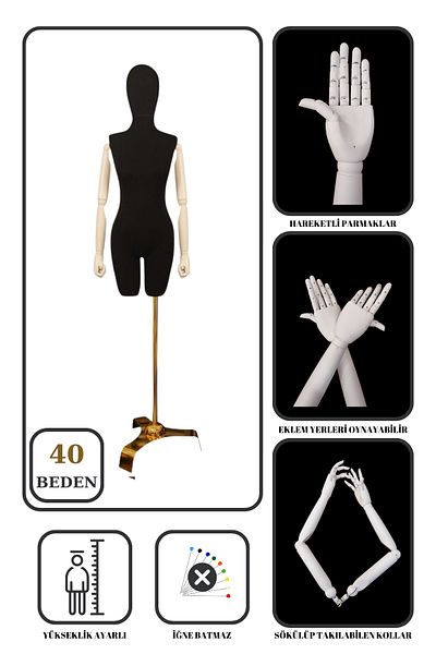 Manken İstanbul Wearable Tailor Manikin Proofing Display Manikin with Black Gold Legs in Size 40